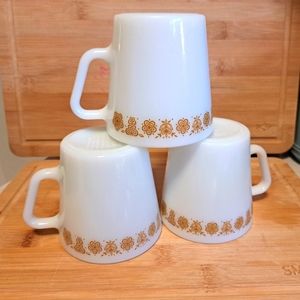 Vintage PYREX Butterfly Gold D Style Mugs Corning Corelle Set of 3 Milk Glass